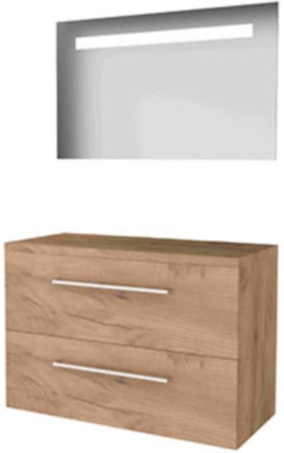 Basic-Line Economic 46 Badkamermeubelset - 100 x 46 cm - Met Grepen - 2 Lades - Wastafelblad - Spiegel met LED Verlichting - Whisky Oak