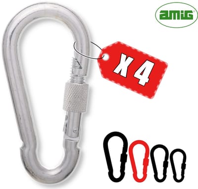 AMIG Karabijnhaak 8x80mm Groot met Schroefsluiting Verzinkt Staal 240kg Carabiner Sterk - 4 Stuks