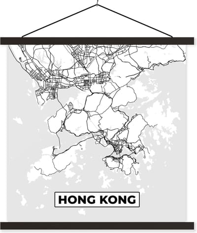 Posterhanger incl. Poster 60x60 cm - Schoolplaat - Hong Kong - Stadskaart - Zwart Wit - Plattegrond - Kaart - Textielposter - Zwarte latten - Stadskaart