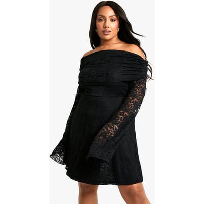 boohoo Dames Plus Kant Off-Shoulder Uitlopende Skaterjurk | Black | Maat: 28