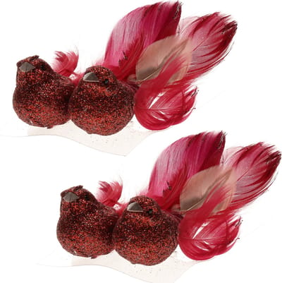 2x stuks decoratie vogels op clip glitter rood 11 cm - Decoratievogeltjes/kerstboomversiering/bruiloftversiering