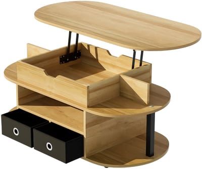 Moderne salontafel met lift - In hoogte verstelbaar en opbergruimte - Hout en stof - Voor woonkamer en kantoor - Houtkleur en zwart