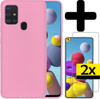Hoesje - Met 2x Screenprotector - Geschikt voor Samsung Galaxy A21s - Sterk & Shockproof - Back Cover - Siliconen Case - Telefoon Hoes - Telefoonhoesjes - Lichtroze