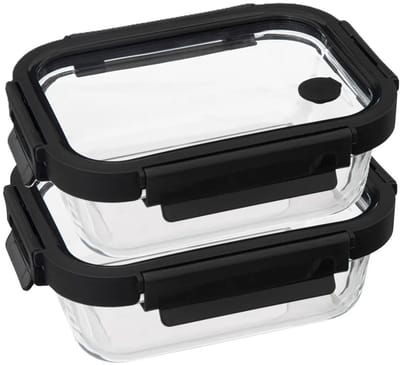 5Five Vershoudbakje met deksel - 2x - glas - luchtdicht - met clips - 19 x 14 x 7 cm - 500 ml - zwart/transparant