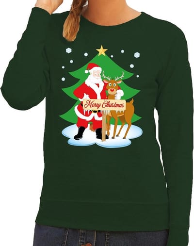 Bellatio Decorations Foute kersttrui - sweater - De kerstman en rendier Rudolf - groen - voor dames - Kersttruien XS