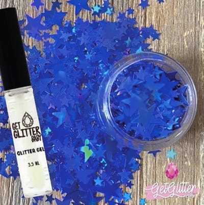 GetGlitterBaby® - Blauwe Sterren Chunky Festival Glitters Sterretjes voor Lichaam en Gezicht Gel Glitterlijm Huid lijm / Bio Vegan Biodegradable Biologische Face Body Glitter Jewels - Blauw / Blue + Glittergel Huidlijm