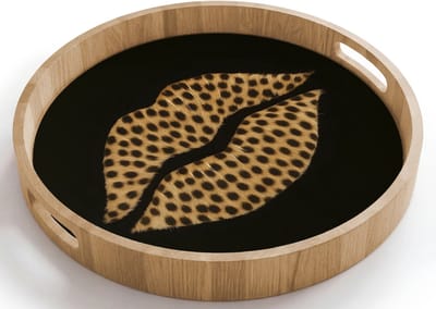 Dienblad rond 40x40 cm - Schootdienblad hout - lip - Zwart - Panterprint - Borrelplank rechthoek - Plateau houten dienbladen