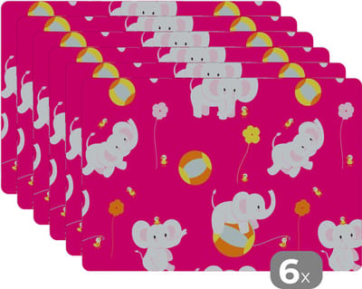 Placemat - Placemats kunststof - Olifant - Bloemen - Patronen - 45x30 cm - 6 stuks - Hittebestendig - Anti-Slip - Onderlegger - Afneembaar