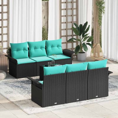 vidaXL - Tuinbank - Set - 7 - st - Zwart - en - Turkoois - poly - rattan