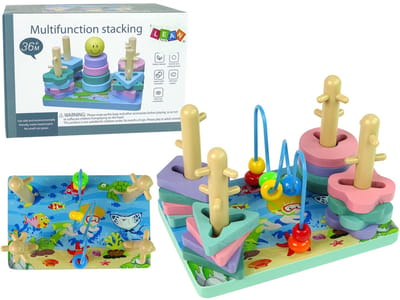 Leantoys Houten Blokken Sorteerbord Zeewereld - Educatief Speelgoed met Kralenlabyrint - Vormen en Kleuren Sorteren 3+- Stapelspel met Blokken - Houten Blokken -