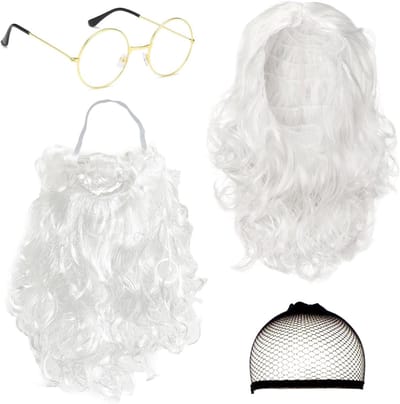 4-delige set met Kerstman baard en pruik, Kerstman hoed, haarnet en zonnebril voor volwassenen, ideaal voor feestelijke kostuums en kerstcosplay evenementen