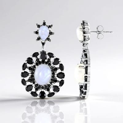 Cavill - 925 Sterling Zilver Oorbellen - 13,68 Ct Regenboog Maansteen Ovaal & Peervorm - Zwarte Spinel Bloemvorm - Elegant Uniek Design Sieraden