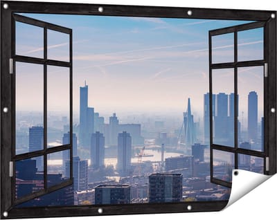 Gards Tuinposter Doorkijk Rotterdamse Skyline - 120x80 cm - Tuindoek - Tuindecoratie - Wanddecoratie buiten - Tuinschilderij
