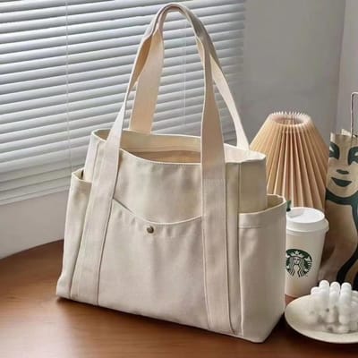 Grote Canvas Tote Bag, Studenten Schoudertas in College Stijl, Herbruikbare Boodschappentas voor Werk en Woon-werkverkeer wit