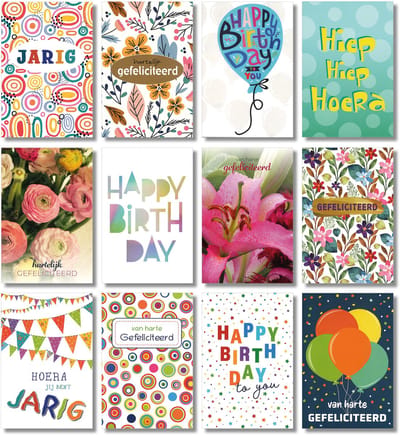 MGPcards - 12 dubbele wenskaarten met envelop - Jarig - Gefeliciteerd - Birthday - 11,5 x 17 cm