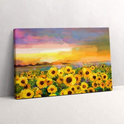 Wallfluent Foto Op Canvas Zonnebloemveld en zonsondergang - 30 x 20 cm - Geel Schilderij Op Canvas - Bloemen en Planten Foto Op Doek - Natuur Schilderij Doek - Bloemen en Planten Schilderij Canvas