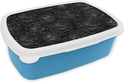 Broodtrommel Blauw - Lunchbox - Brooddoos - Rozen - Zwart Wit - Patroon - 18x12x6 cm - Kinderen - Jongen