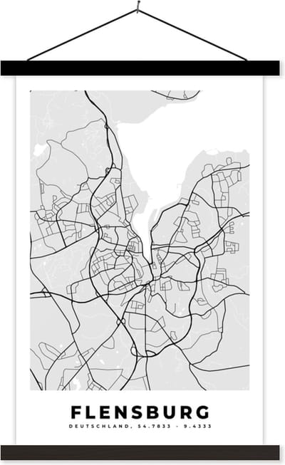 Posterhanger incl. Poster 40x60 cm - Schoolplaat - Plattegrond - Flensburg - Kaart - Stadskaart - Duitsland - Textielposter - Zwarte latten - Stadskaart