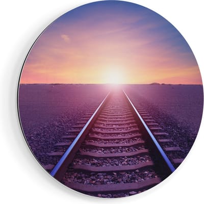 Artaza Dibond Muurcirkel Rails Spoorweg In De Woestijn Bij Zonondergang - Ø 90 cm - Groot - Wandcirkel - Rond Schilderij - Voor Binnen en Buiten