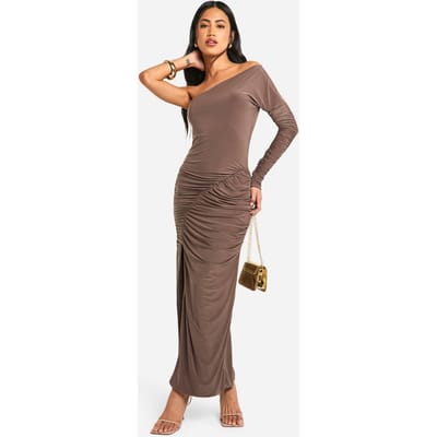 boohoo Dames One-shoulder slinky geroqueerde maxi-jurk | Mokka | Maat: 36