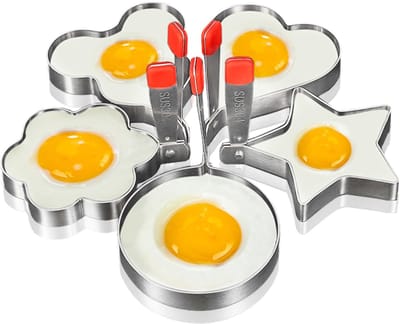 Dailygoods- Eierring 5 Stuks - Roestvrij Stalen Omeletvormen - Siliconen Handvat - Spiegeleivormen - Keukengereedschap - Innovatief Ontwerp - Omeletvorm