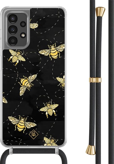 Casimoda® hoesje met zwart koord - Geschikt voor Samsung A13 4G - Bee Happy - Afneembaar koord - TPU/polycarbonaat - Zwart