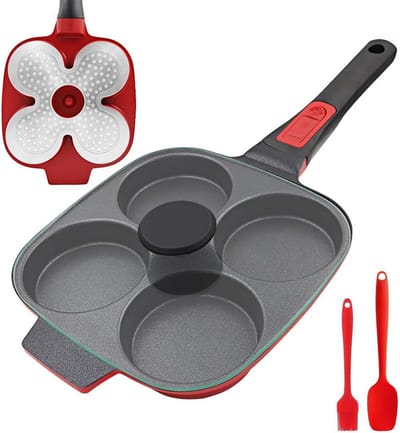 Inductie Omeletpan met Afneembaar Handvat en Deksel - 4-Gats Anti-aanbak Pannenkoekenpan
