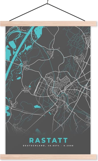 Posterhanger incl. Poster 40x60 cm - Schoolplaat - Blauw – Duitsland – Plattegrond – Stadskaart – Kaart – Rastatt - Textielposter - Blanke latten - Stadskaart