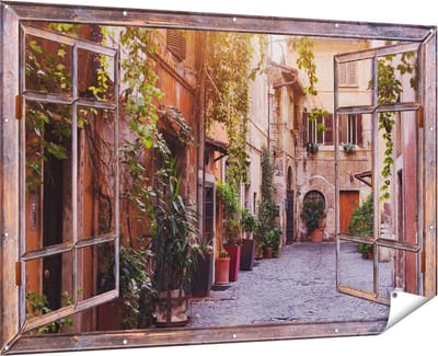Gards Tuinposter Doorkijk Straatje in Rome met Groene Planten - 180x120 cm - Tuindoek - Tuindecoratie - Wanddecoratie buiten - Tuinschilderij