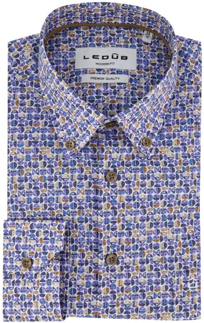 Overhemd blauw Ledub geprint bruin patroon button down