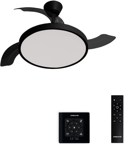 CREATE - Plafondventilator 40W stil met intrekbare bladen met licht - Ø108cm - Zwart - Controller voor wandmontage + afstandsbediening - WIND CLEAR STUDIO