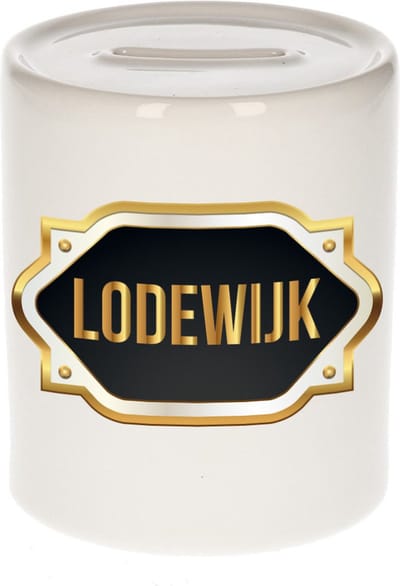 Spaarpot met voornaam Lodewijk - wit - met goud/zwart embleem - 8 x 9 cm - keramiek - met afsluitdop - cadeau verjaardag