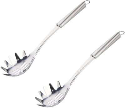 Alpina Keukengerei opscheplepel pasta spaghetti - 2x - zilver - rvs - 34 x 7 cm