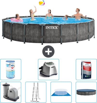 Intex Rond Prism Frame Greywood Zwembad - 549 x 122 cm - Inclusief Pomp - Ladder - Grondzeil - Afdekzeil Filter - Zoutwatersysteem - Zwembadzout