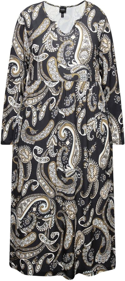 Ulla Popken - Dames - Jersey jurk A-lijn tuniekhals lange mouwen - Zwart - Maat 66+