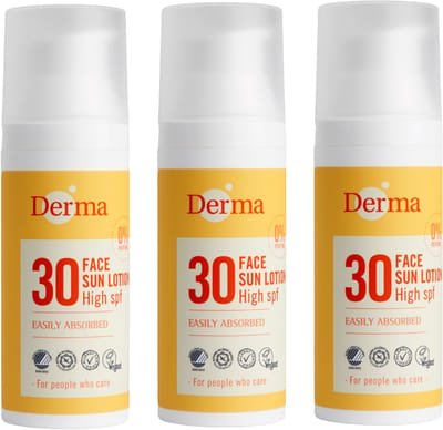 Derma Sun - Gezichtszonnecrème SPF30 - 3 x 50 ml - Waterbestendig - Geschikt onder Make-up - Met Aloe Vera en Hyaluronzuur - Parfumvrij - AllergyCertified