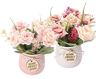 Kunstmatige Bloemen in Pot - Set van 2 Roze en Donkerroze Nepprozen voor Tafeldecoratie