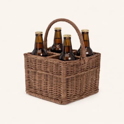 The Wicker Stories – Rieten flessenmand met 4 compartimenten en handvat – Handgemaakt in Europa – Voor picknick – Donker
