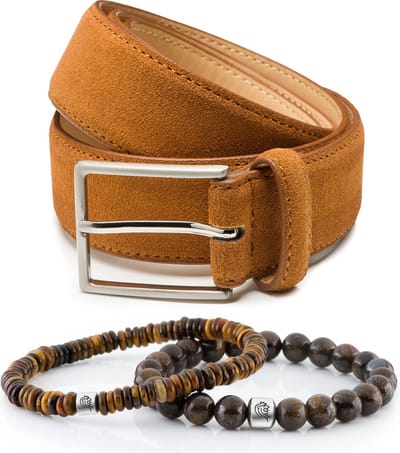 DTCH.FIT Kralen armband Kent Cognac one size & Suède riem Bobby Cognac - 3,5cm breed - 95cm - Totale lengte 110cm
