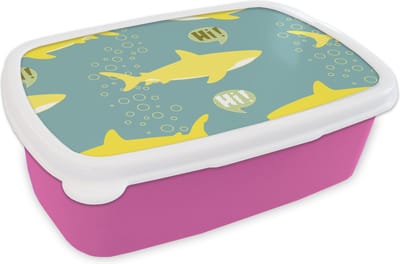 Broodtrommel Roze - Lunchbox - Brooddoos - Haai - Cartoon - Geel - Patronen - Tiener - 18x12x6 cm - Kinderen - Meisje