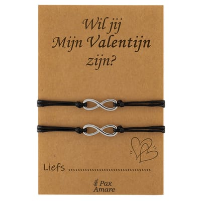 Koppel Armbandjes voor 2 "Wil jij mijn Valentijn Zijn?" - Oneindigheidsteken - Vriendschapsarmbandjes met Persoonlijk Cadeau Kaartje - Zilverkleurig - Elastisch Verstelbaar - Pax Amare