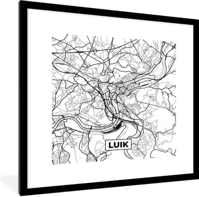 Fotolijst incl. Poster Zwart Wit- Zwart Wit – België – Plattegrond – Stadskaart – Kaart – Luik - 40x40 cm - Posterlijst