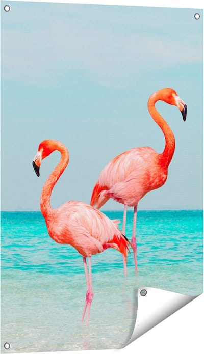 Gards Tuinposter Twee Flamingo's in het Water - 60x90 cm - Tuindoek - Tuindecoratie - Wanddecoratie buiten - Tuinschilderij