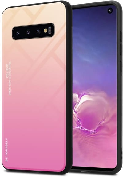 Cadorabo Hoesje geschikt voor Samsung Galaxy S10 4G in GEEL - ROZE - Tweekleurige beschermhoes van TPU-silicone Case Cover en achterzijde van gehard glas