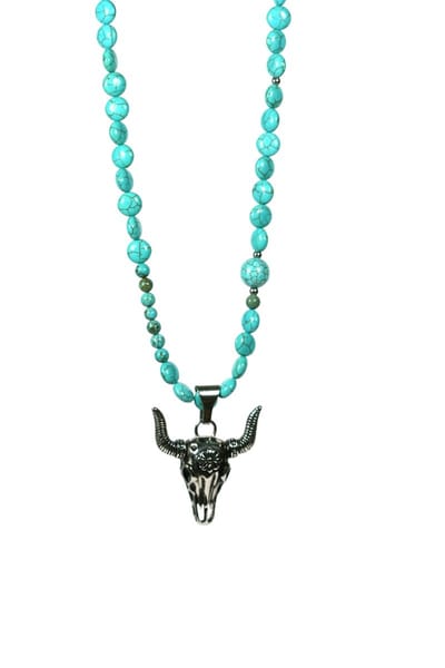 Chique - ketting Turkoois natuurstenen - met een roestvrijstaal bull - lengte 80cm