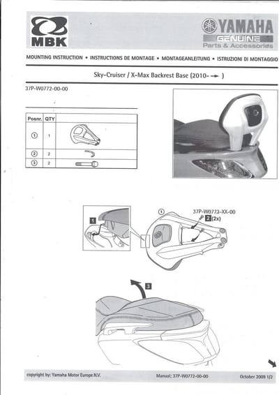Bevestigingsset zadelrugsteun voor scooter MBK 125 Skycruiser 37P-BR772-00 grijs