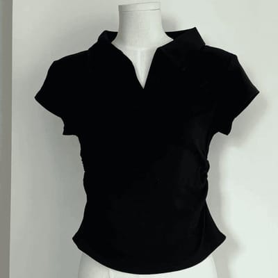 Zomer Pure Stijl Slank en Slank Schouder Revers Korte Mouw T-shirt voor Dames Design Kleine Top S gray