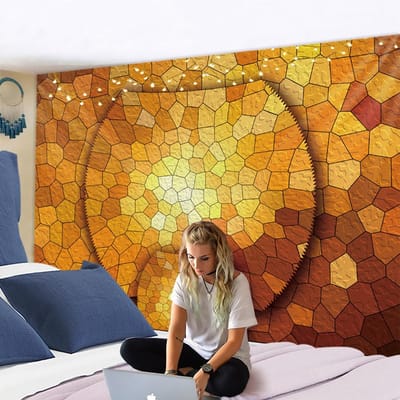 Tapisserie Murale Hexagonale Motif Carrelage Céramique Bohème Hippie Voyage Camping Tapis Pièce Impression Polyester Décoration Intérieure 95x70CM yellow