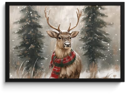 Poster in lijst - Fotolijst 60x40 cm - Posters - Winter - Bos - Rendier - Donker - Posterlijst zwart - Decoratie - Wanddecoratie woonkamer - Muurdecoratie slaapkamer