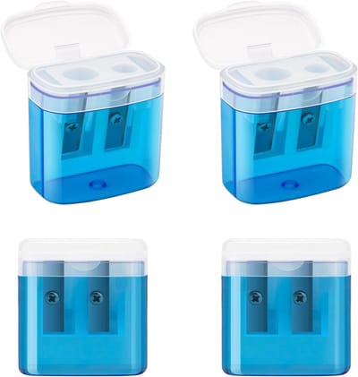 Dubbele Gaten Puntenslijper met Houder, 4 Stuks, Handheld Puntenslijper voor Dikke en Dunne Potloden, Ideaal voor School en Kantoor, Blauw